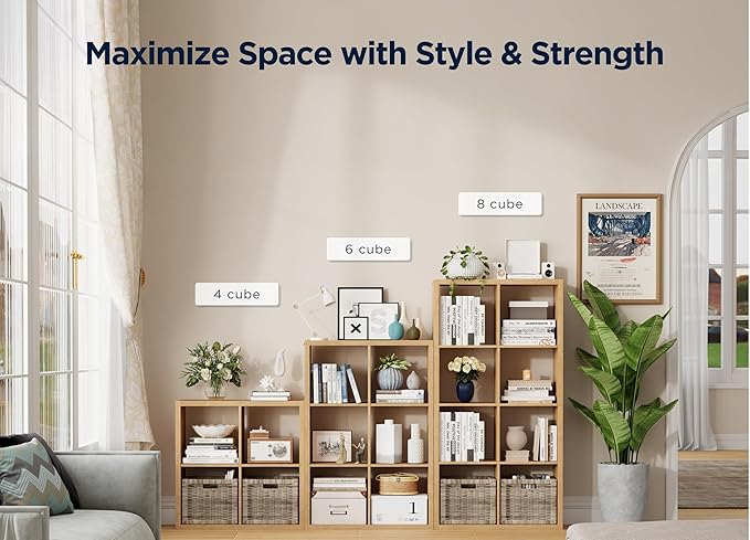 8 Cube Storage Organizer, Cube Shelf with Heavy-Duty Thick Boards, 25.12" L x 9.37" W x 48.74" H, Smooth Easy-Clean Panels, Simple Assembly, for Living Room Bedroom Office, Natural-Oak