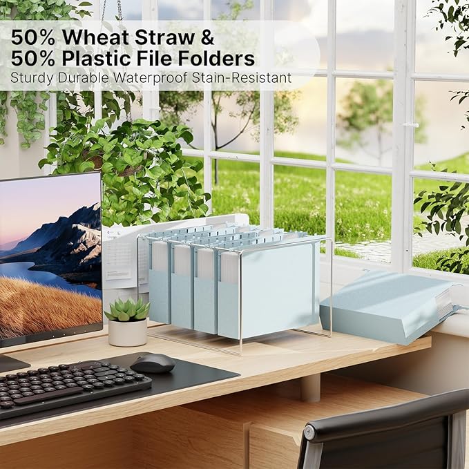 Wheat Straw Plastic Hanging File Folders Letter Size, 2'' Expansion Extra Capacity Filing Cabinet Folders with Tabs, 12 Pack Reinforced Accordion File Organizer for Office School(Morandi Blue)