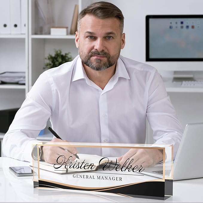Personalized Office Name Plate, Custom Name Plate for Desks, Office Desk Decorations Gift for Women Men, Acrylic Desk Name Plate for Teacher Coworkers Staff Boss (Business Style-2)