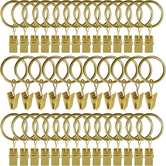AMZSEVEN 44 Pack Metal Curtain Rings with Clips, Drapery Clips with Rings, Drapes Rings 1 inch Inner Diameter, Fits Diameter 5/8 inch Curtain Rods, Gold