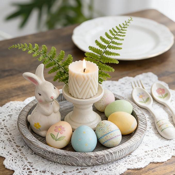 Hanobe Candle Plate Holder Tray: Round Wooden Decorative Candle Plate Small Farmhouse Table Centerpiece Rustic Whitewash Wood Tealight Pillar Trays for Christmas Wedding Halloween Home Decor