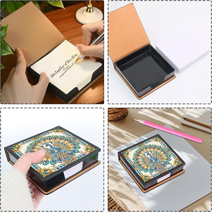 Peacock Diamond Painting Kit Note Box,Memo Paper Storage Box Diamond Art,Sticky Note Holder Diamond Art,Diamond Painting Memo Pad For Office Desk. (Peacock)