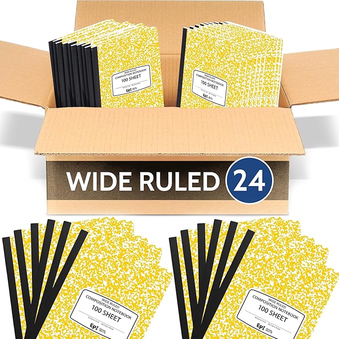 EPI 24 Pack - Yellow Marble Composition Notebook - Wide Ruled 200 Page Note Book - 9.75 x 7.5 Inch Hardcover Journal with Sewn Binding for Secure Pages - Classroom Back To School Supplies