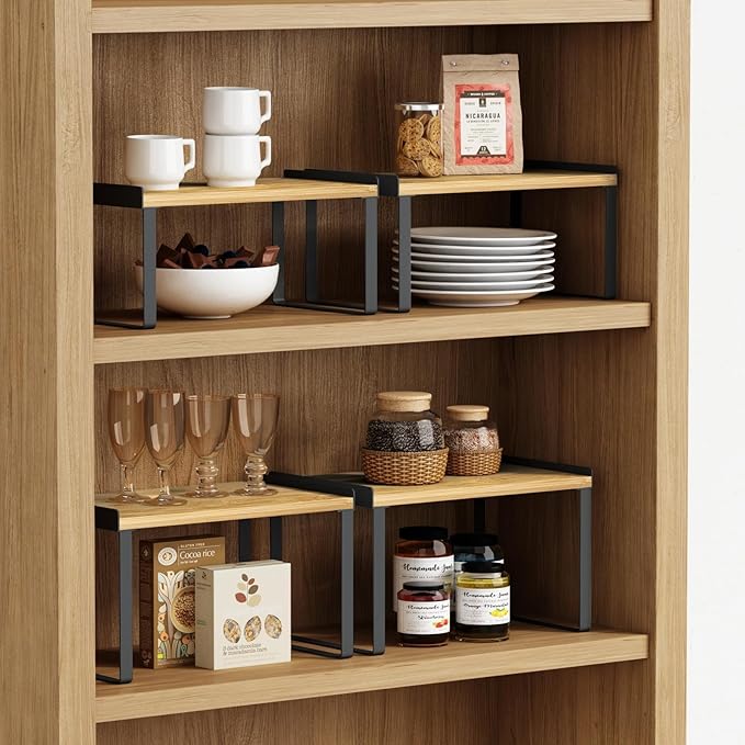 Kitchen Cabinet Organizer Shelf Set of 4, Pantry Organizers and Storage Shelves for Plates Dishes Cups Mugs, Cupboard Counter Cabinet Shelf Riser for Countertop (Bamboo Wood and Black Metal)