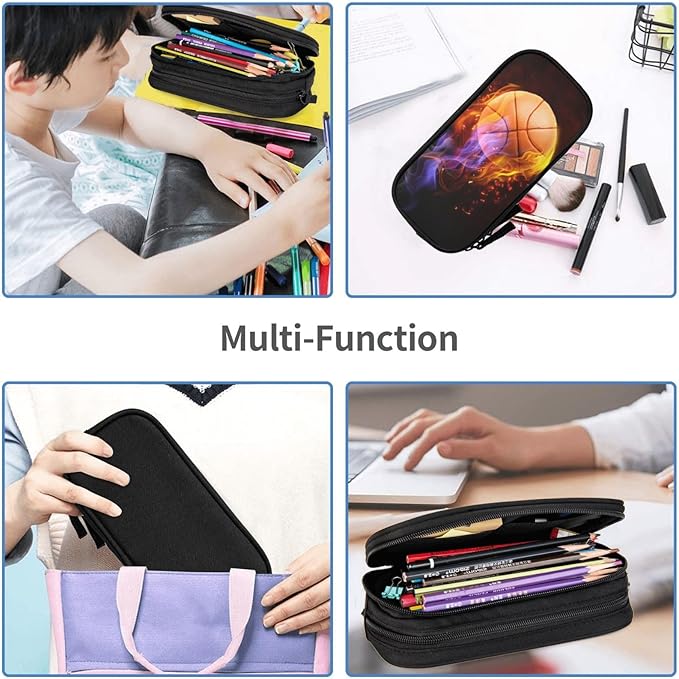 Sports-Themed Boys Pencil Case with Fire Basketball Print, Big Capacity Black Pencil Pouch Stationery Bag with Zipper Portable Travel Storage Box Desk Pen Bag for Kids Teens Adults