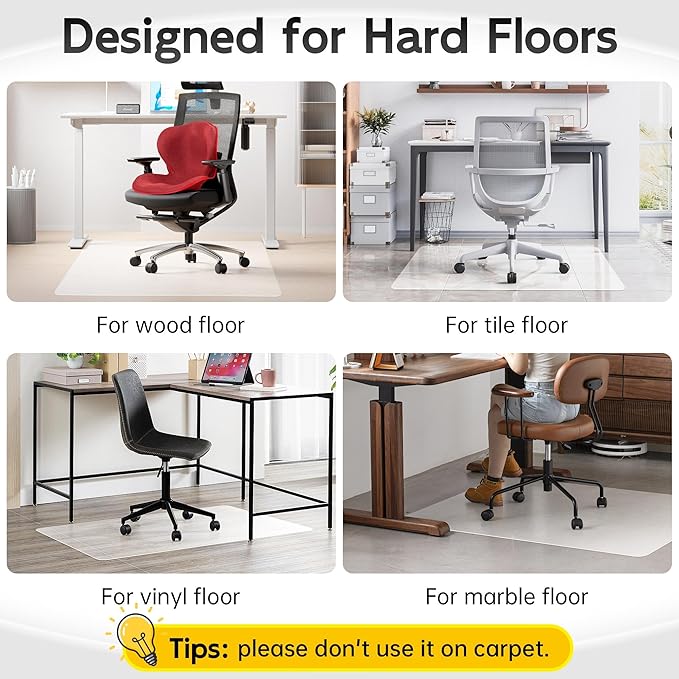 HOMEK Office Chair Mat for Hardwood Floor, 58" x 44" Clear Computer/Desk Chair Mat for Hard Floor, Thicker, Easy Glide, Non-Slip, Protects Hard Surfaces from Scratches, Ideal for Home or Office