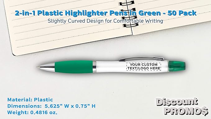 DISCOUNT PROMOS Personalized Plastic Highlighter Pens - 50 pack - Customizable Text, Logo - Green