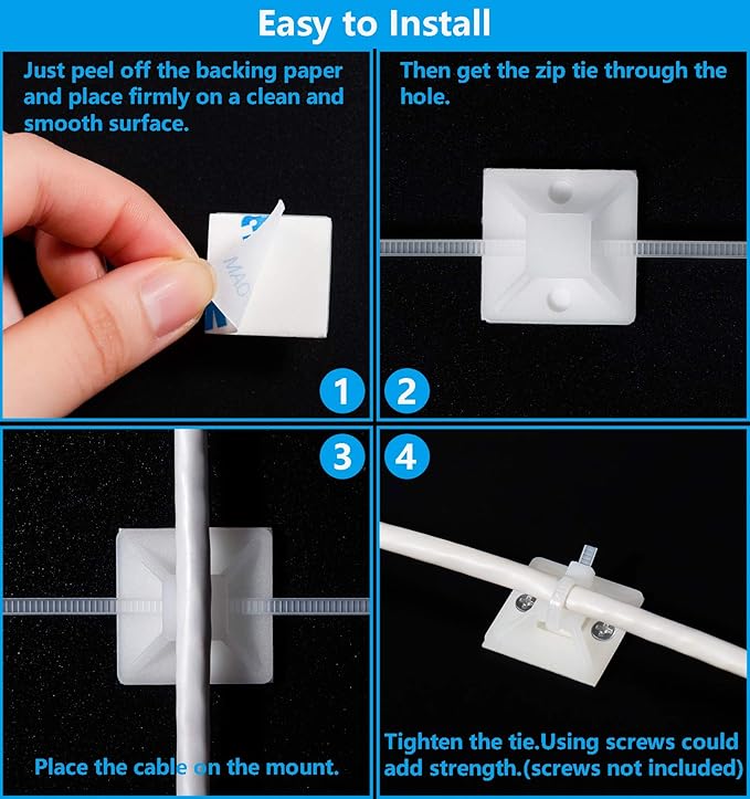 Cable Tie Mounts, Adhesive-Backed, 1 Inch, for Cable Management, Cable Tie Anchors, 100 Pack, White