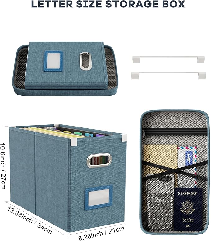 Oterri File Organizer with Lid, Hanging Filing Box with Mesh Pocket, Document Organizer for Letter Files, Portable Storage Box with Smooth Sliding Rail for Office&Home (2 PCS, Dark-blue)