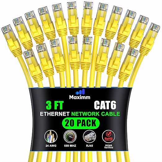 Maximm Cat 6 Ethernet Cable 3 ft (20-Pack) - High-Speed LAN Cable, Internet Cable, Patch Cable, and Network Cable - UTP, 10Gbps, 550MHz Ethernet Cord - Yellow