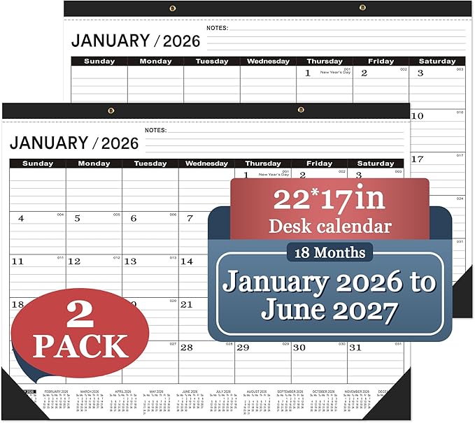 Desk Calendar 2026, Desk Calendar 2026 Large 22 x17(January 2026 - June 2027),2026 Calendar,Classic Black,Large Calendar 2026-2027 with Plastic Cover(2 PACK)