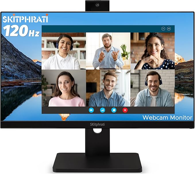 SKitphrati 23.8” Business Webcam Gaming Monitor, 1080P IPS 120HZ, Video Conference Monitor - Built-in Adjustable 3MP Webcam, Mic Array, Speakers, Eye Care, Frameless, HDMI, DP, VGA, USB 2.0