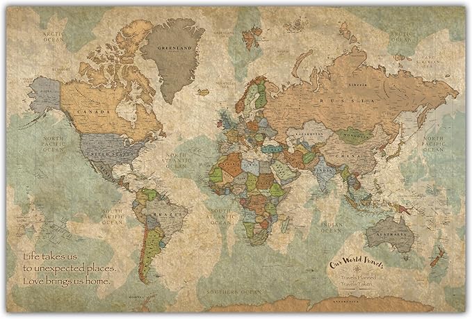 HolyCowCanvas Personalized Push Pin World Map on Canvas in Vintage Earth Tones, Customize with Your Names and Quote to Track Travels, World Map Pin Board, Travel Tracker (40x24, Floating Frame)