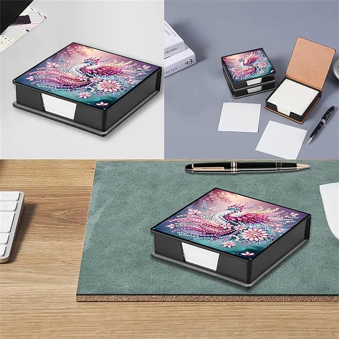 Peacock Diamond Painting Note Box Memo Pad Holder, Diamond Art Sticky Notes Organizer for Desk, Aesthetic Stationery Storage Case for Office,School Supplies (Peacock)