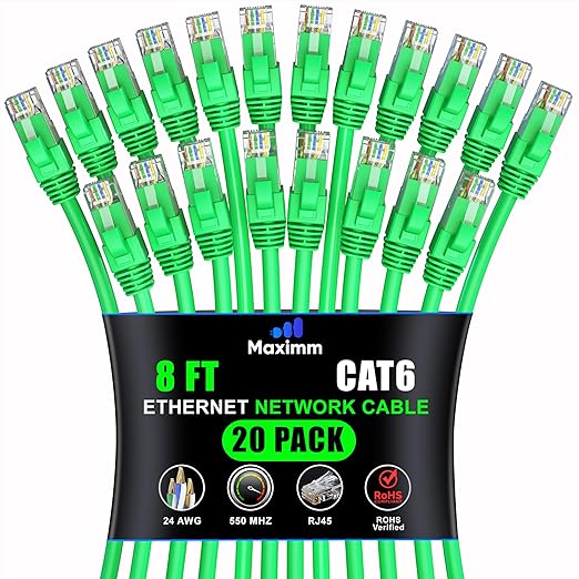 Maximm Cat 6 Ethernet Cable 8 ft (20-Pack) - High-Speed LAN Cable, Internet Cable, Patch Cable, and Network Cable - UTP, 10Gbps, 550MHz Ethernet Cord - Green
