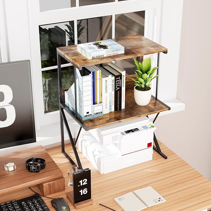 aboxoo Printer Stand for Desk, Desktop Printer Shelf Large 3-Tier Multi-Purpose Office Organization Shelves for Home Office, Rustic Brown