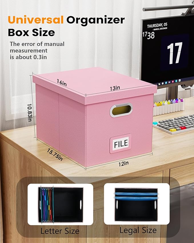 Oterri File Organizer Box,Filing Box with Lid,File Box for Letter/Legal File Folder Storage, Portable Hanging File Box for Office/Decor/Home,1 Pack, Pink(Leather),Box only