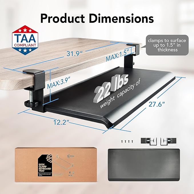 EHO Under Desk Keyboard Tray, Large 27.5" x 12.2" Slide-Out Clamp-On Drawer with Steel C-Clamps, Ergonomic Platform Fits Full-Size Keyboard and Mouse, Tool-Free Installation, TAA-Compliant
