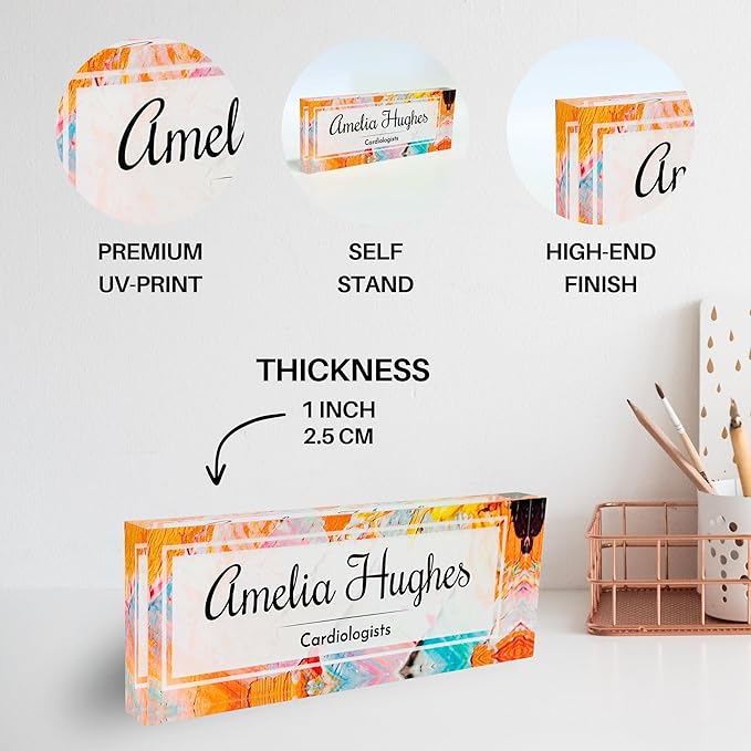 Customized Clear Acrylic Thick 8x3" Acrylic Black - Desk Name Plate Block with Personalized Logo - Professional Office Decor - Customized Acrylic Plate Gift for Teacher Co-workers (Orange Paint)