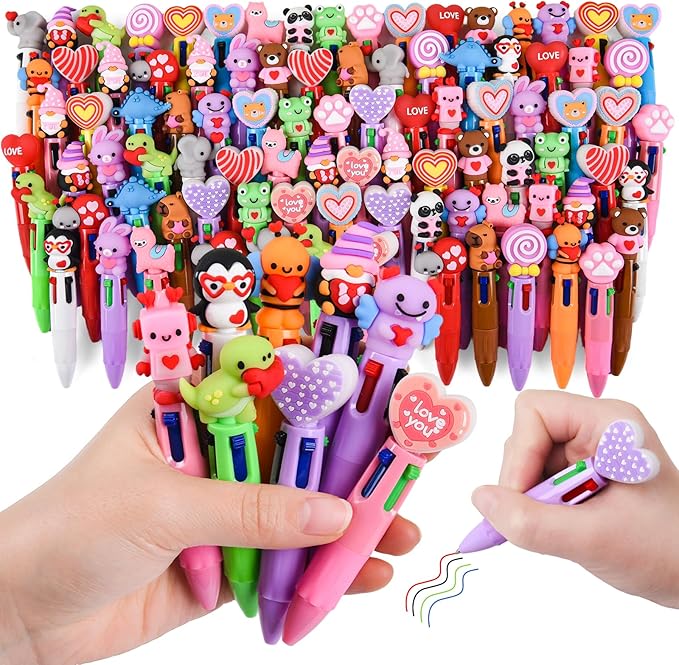 LiYiQ 100 Pcs Valentine's Day Animal Colorful Multicolor Pen in One Cartoon Cute Fun Cute Pens Bulk Kawaii Heart Capybara Frog Panda Shape Lovely Ballpoint Pens for Fun Gifts