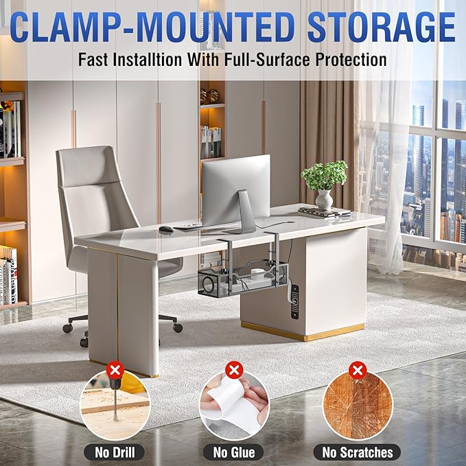 Under Desk Cable Management Tray - GZOKMOG No Drill Cord Organizer with Clamp, Workspace Organizers for Cords, Metal Mesh Wire Management for Home and Office, 2 Pack Black, 13.38 inch