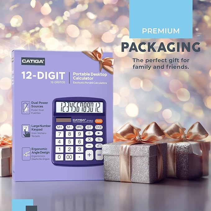 Desktop Calculator 12 Digit with Large LCD Display and Sensitive Button, Solar and Battery Dual Power, Standard Function for Office, Home, School, CD-2786 (Purple)