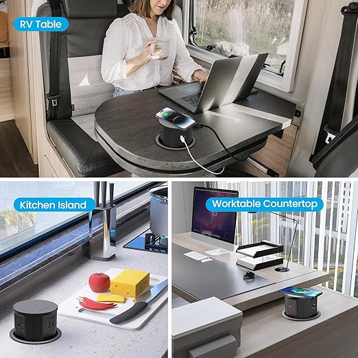 Pop Up Outlet with 15W Wireless Charger, 4 AC Outlets & PD 20W USB Fast Charging, 4.75 inch Desk Hole Power Grommet Connect 6FT Cord for Office, Conference, Kitchen Use(ETL & FCC Listed)