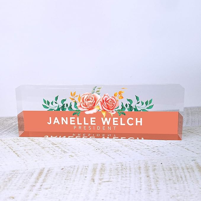 Artblox Office Desk Name Plate Personalized | Custom Name Plates for Desks | Orange Roses Design On Clear Acrylic Glass | Cute Office Desk Accessories Customized Gifts - (8" x 2.5").