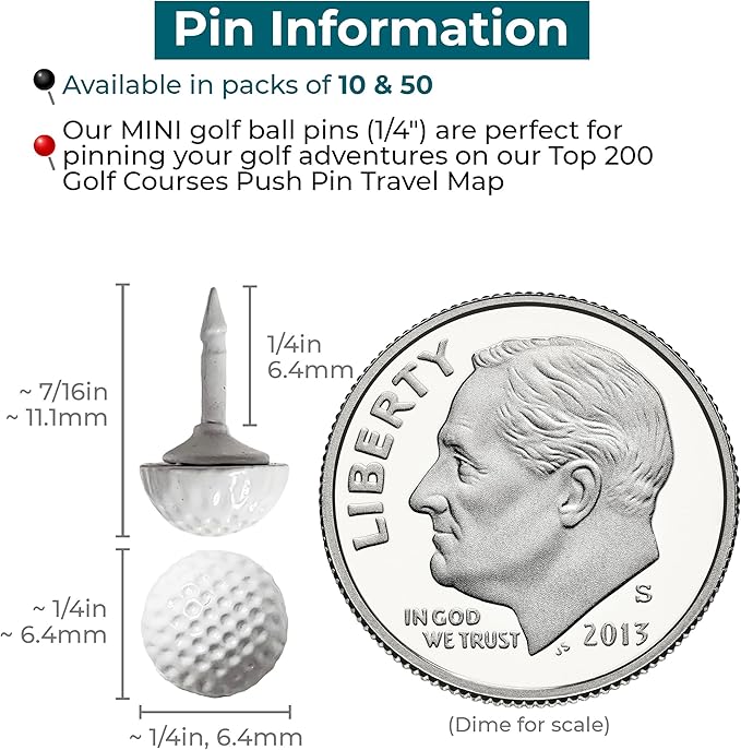 Golf Ball Push Pins for Cork Boards and Maps, Designed in The USA, Golf Ball Pins, Set of 10