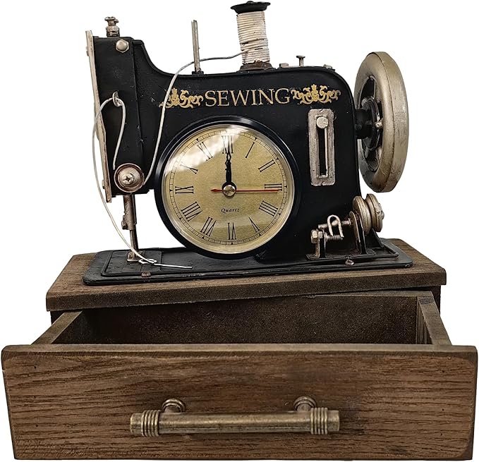 YCHTEWY-Retro Sewing Machine Style Desk Clock with Wooden Case - Manual Sewing Machine Vintage for Home Decor