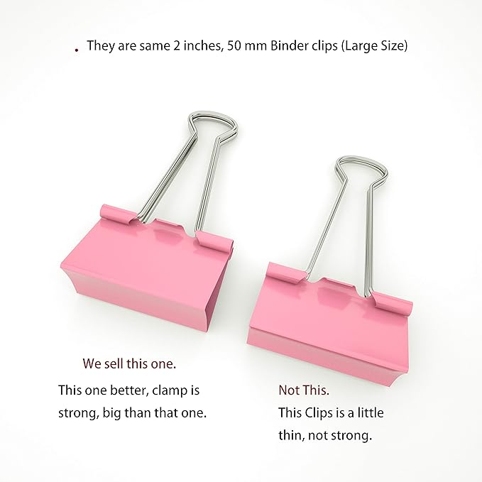 Nctinystore Pink Binder Clips Large (Jumbo) Metal Clamp 2 inch / 50 mm (Pink, 6-PCS)