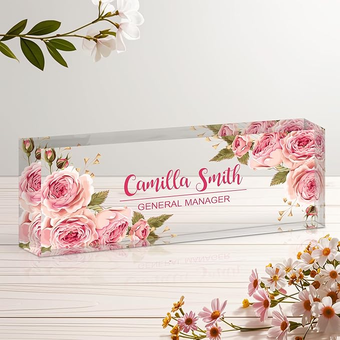 Personalized Name Plate for Desk, Custom Acrylic Desk Name Sign, Office Appreciation Gifts for Women Men Coworkers Boss Teacher Employee (Pink Rose)