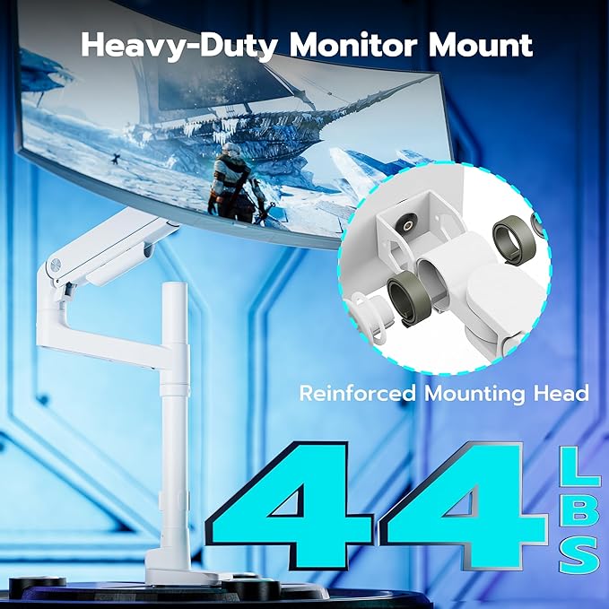 ARES WING Heavy-Duty Monitor Mount for 17-49 inches Ultrawide Curved Flat Monitors Holds 44lbs, with 18" Extended Column for Desk, Adjustable Gas Spring, White