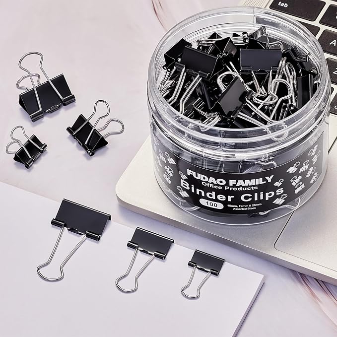 100pcs Binder Clips Assorted Sizes, Black Paper Clamps, Medium, Small, Mini 3 Sizes with Box for Office, School and Home