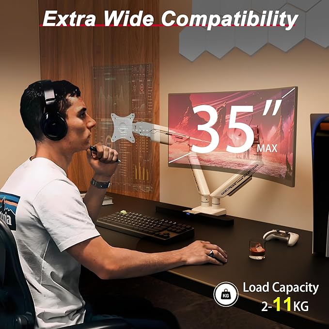 Dual Monitor Arm for 17-35" Screens up to 24.2 lbs, Ergonomic Gas Spring Monitor Stand with Height Adjust, Tilt, Swivel & Cable Management, VESA Desk Mount with 2 Types of Installation, White