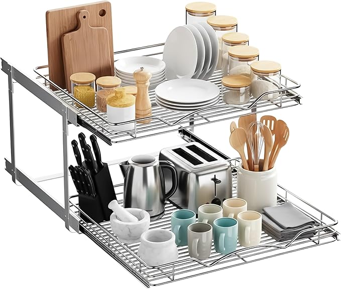 HOLDN’ STORAGE Two Tier Pull Out Cabinet Organizer, Individual Sliding Drawers - Heavy Duty Metal with Lifetime Limited Warranty - Anti Rust Chrome Finish - 24" W x 21”D x 16.5" H