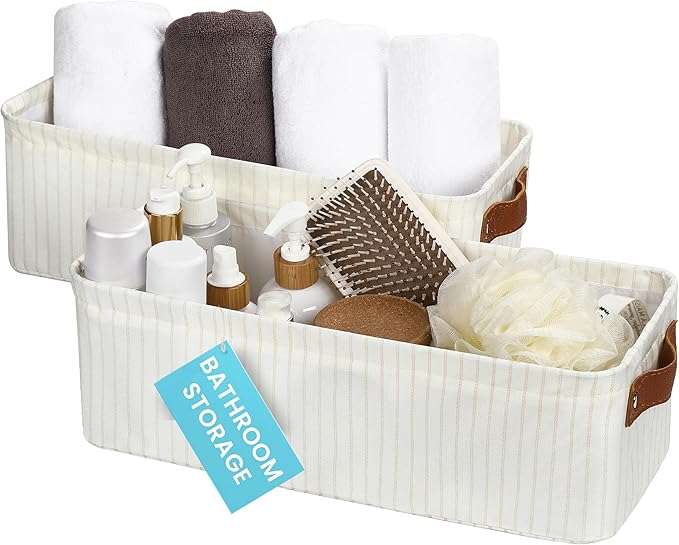 OrganiHaus Narrow Storage Bins 15x06in, Small Closet Bins for Shelves, Bathroom Storage Baskets, Narrow Baskets, Fabric Organizer with Handles, Toilet Paper Organizer - 2 Pack, White w/ Brown Stripes