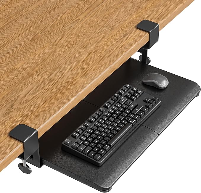 BONTEC KMT01-PJ Under Desk Keyboard Tray, Pull-Out Keyboard & Mouse Platform with C-Clamp, 20 x 11.8 in Space-Saving Ergonomic Slide-Out Drawer, Black