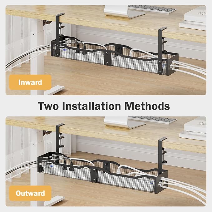 DELAMU 25'' Upgraded Under Desk Cable Management, No Dill Desk Cable Management with F-Clamp, Metal Cable Management Tray to Cord Organizer for Home Office, 1 Pack, Black