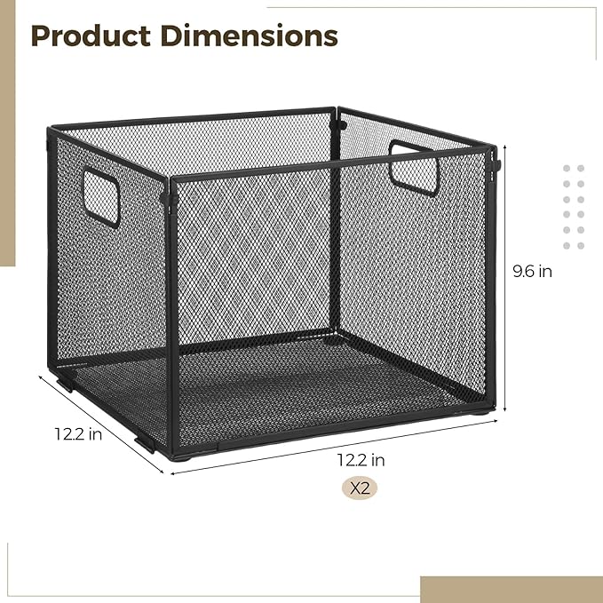 2 Pcs Heavy-Duty Metal Hanging Folder Organizers, 12.2 in Space-Saving Stackable File Crates for Hanging Folders, Portable & Foldable Multiuse File Folder Box with Handles, Black