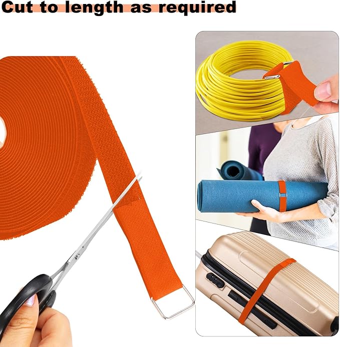 1"x16ft Hook and Loop Straps with 25 Metal Buckles, Adjustable Fastening Cable Straps, Cut-to-Length Cinch Strap, Reusable Nylon Securing Cord Ties for Organizer or Storage, 1 inch Wide,Orange