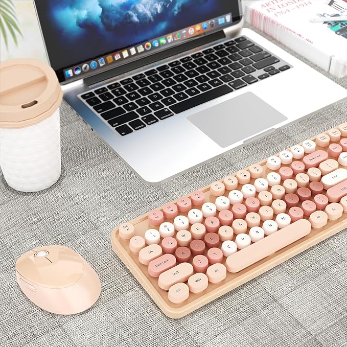 HotFox Wireless Keyboard and Mouse Combo, Full-Size Retro Typewriter Keyboard with Round Keycaps, Ergonomic Design for Windows PC, Home and Office Use -Brown