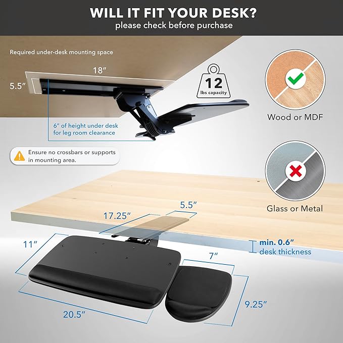Mount-It! Full Motion Under Desk Keyboard Tray with Wrist Rest | Height and Tilt Adjustable Ergonomic Slide Out Keyboard Platform with Swivel, Mouse Pad for Left or Right Setup