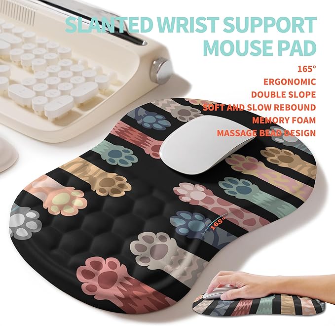 2-in-1 Ergonomic Set, Wave Rise Keyboard Wrist Rest and Massage Bulge Slope Mouse Pad Wrist Support, Cushion Memory Foam Integrated to Relieve Wrist Pain, Multicolour Cat Claws