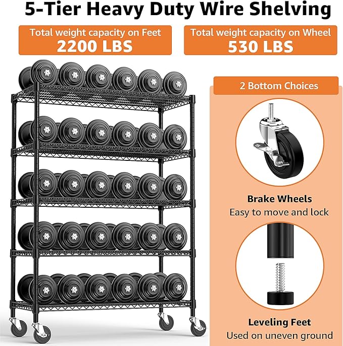 Garage Shelving 5 Tier Industrial Metal Shelving Units for Commercial, Basement, Pantry, Warehouse, School, Black Heavy Duty Easy Assembly 23.6" D x 53.2" W x 73.6" H