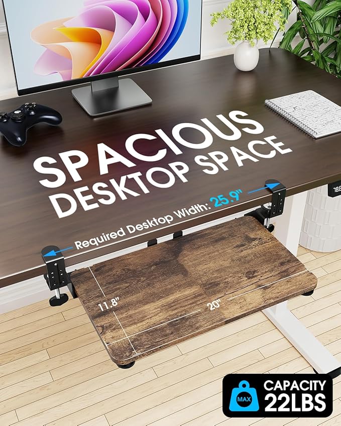 Small Keyboard Tray Under Desk, Pull Out Keyboard & Mouse Tray with Adjustable C-clamp, 20(25.9 Including Clamps) x 11.8 Inch Slide Out Computer Keyboard Drawer Mouse Tray for Typing, Brown