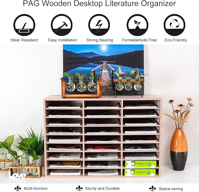 PAG Mail Sorter, Wood Literature Organizer, Student Mailbox for Classroom, Desktop Bill Paper Organizer for Office Home School, 27 Compartments, Retro White