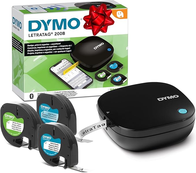 DYMO LetraTag 200B Bluetooth Compact Label Maker, Value Pack, Wireless Connection to iOS and Android, Includes 3 Assorted Label Tapes