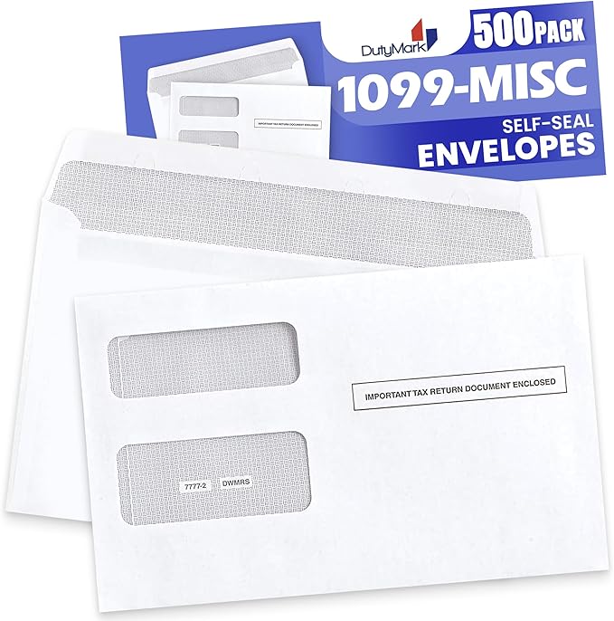 500 1099 Tax Envelopes, Self-Seal for 1099 Misc, R, DIV, INT, 1095 C, Printed Laser Forms from Quickbooks or Similar Tax Software, Double-Window Security tinted, 5 5/8 x 9, Box of 500 Envelopes