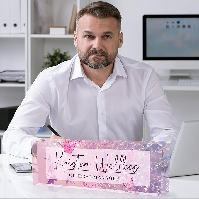 Personalized Office Name Plate, Custom Name Plate for Desks, Office Desk Decorations Gift for Women Men, Acrylic Desk Name Plate for Teacher Coworkers Staff Boss (Butterfly Sea)